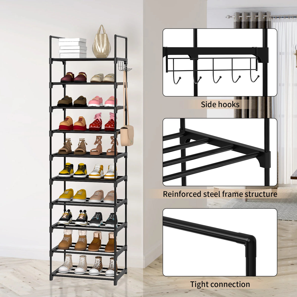 EFAN Shoe Rack, 10-Tier Metal Shoe Storage Organiser, Customisable Design, Metal Frame, Space-Saving Rack, for Room, Hallway